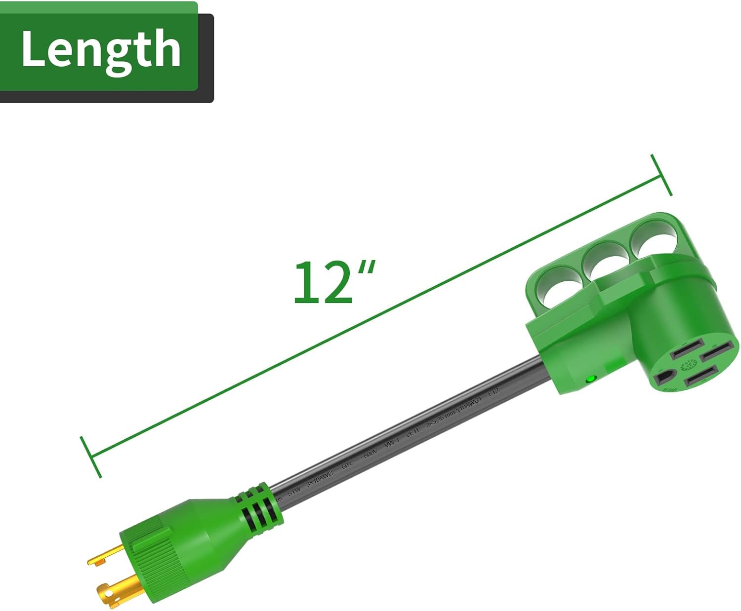 RVGUARD 4 Prong 30 Amp to 30 Amp RV Generator Adapter Cord 12 Inch, STW 10/3, L14-30P Locking Male Plug to TT-30R Female with LED Power Indicator, Green