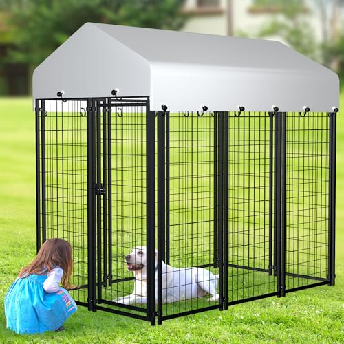 Large Outside Dog Kennel,Outdoor Dog Run Enclosure 8'x4'x6' Dog Pen House with Roof Cover Heavy Duty Welded Wire Steel Dog Playpen Animal Fence Without Feeding Door
