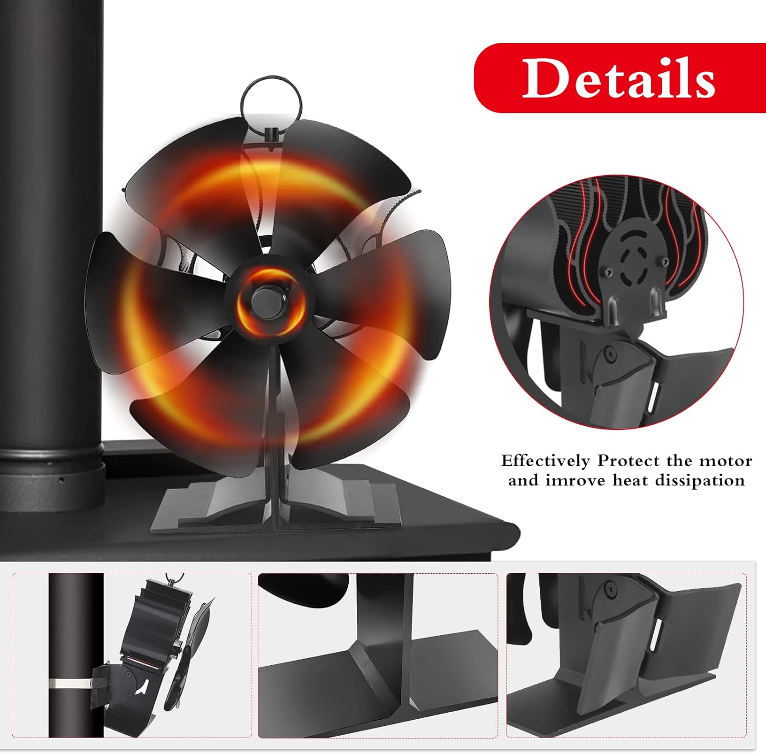 QUECAOCF 6 Blades Flue Pipe Stove Fan Fireplace Stove Fan with Thermometer Strip, Wood Burning Heat Powered Stove Fan for Wood/Log Burner/Fireplace, Eco Friendly and Efficient Heat Distribution Pack of 2