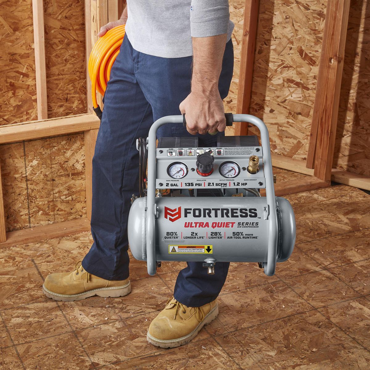 FORTRESS 2 Gallon, 135 PSI Ultra Quiet Oil-Free Hand-Carry Jobsite Air Compressor