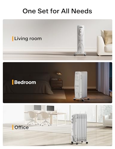 PELONIS Oil Filled Radiator Heater for indoor use Large Room Safe with Thermostat, 1500W Energy Efficient Quiet Space Heater, 3 Heat Settings, Overheat & Tip-Over, Black