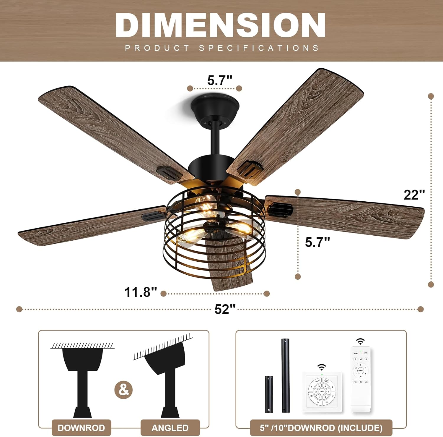 52 Inch Farmhouse Ceiling Fan with Light and Remote,3-Lights Rustic Ceiling Fan with Caged Ceiling Fan,5 Dual Finish Blades,Industrial Black Ceiling Fan for Bedroom, Patio, Living Room