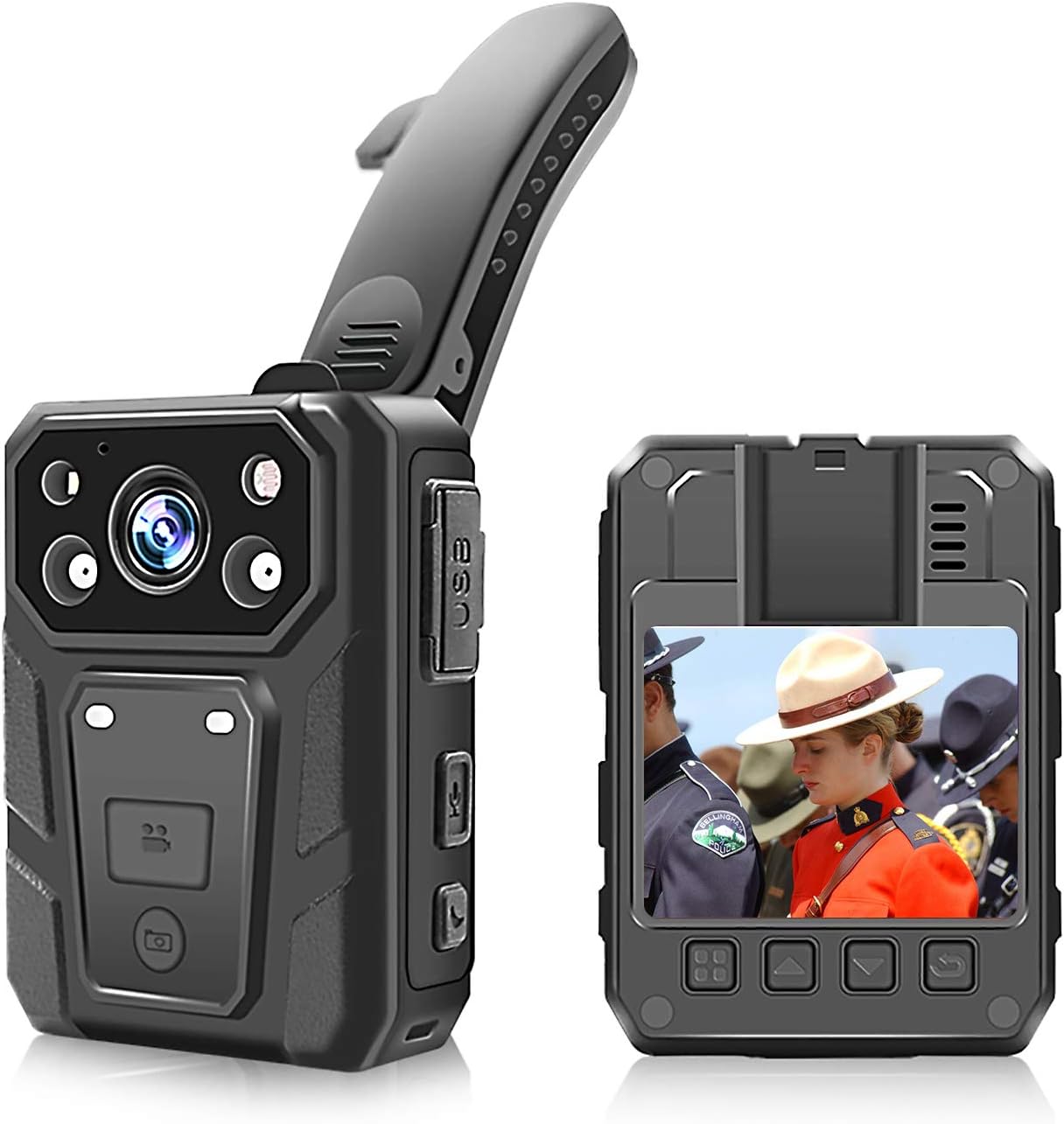 CAMMHD 1296P HD Police Body Camera with 2 Inch Display, Waterproof Body-Worn Camera, Wearable Camera, Portable HD Body Camera, IR Night Vision, Built-in Battery, 64GB Memory