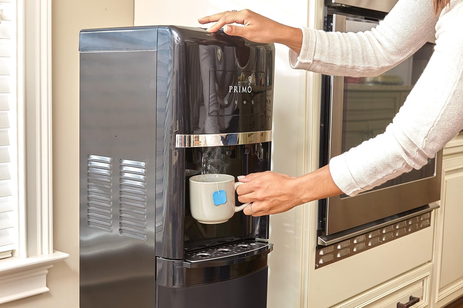 Primo Bottom Loading Self-Cleaning Water Dispenser, 3 Temp (Hot-Cool-Cold) Water Dispenser for 5 Gallon Bottle w/Child-Resistant Safety Feature, Black with Black Stainless Door