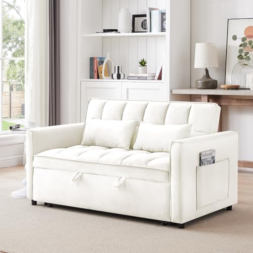 3 in 1 Convertible Sleeper Sofa Bed,Futon Loveseat Couch with Pull-Out Bed & Adjustable Backrest,Velvet Fabric Sofa with Side Pocket for Small Apartment, Living Room, Office (Black)