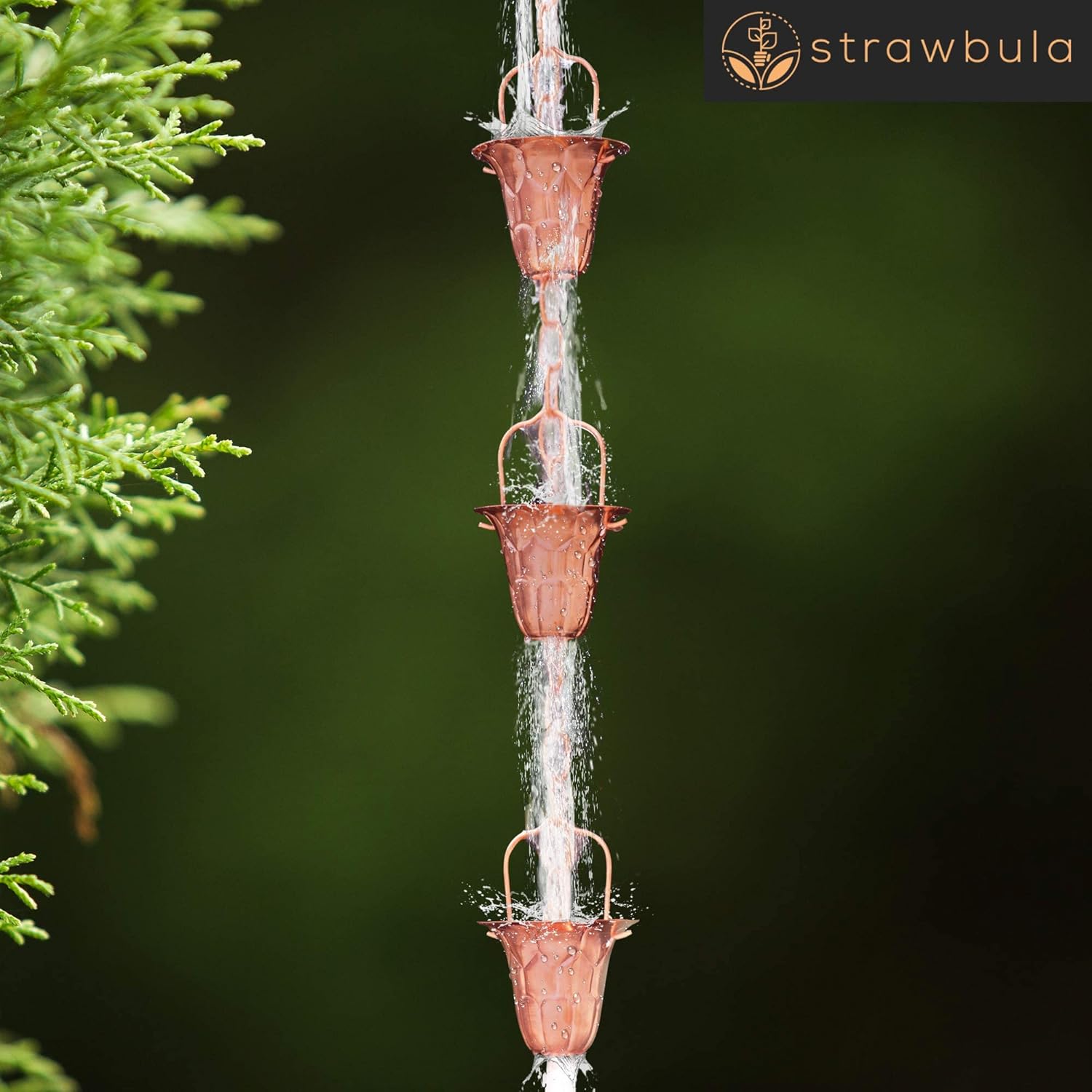 Strawbula Rain Chains for Gutters - Rain Chain for Downspouts for Heavy Rain - Premium Quality Antique Copper Rain Chains with Rain Chain Gutter Adapter, Decorative Rain Catcher Chimes for Gutter Pack of 2