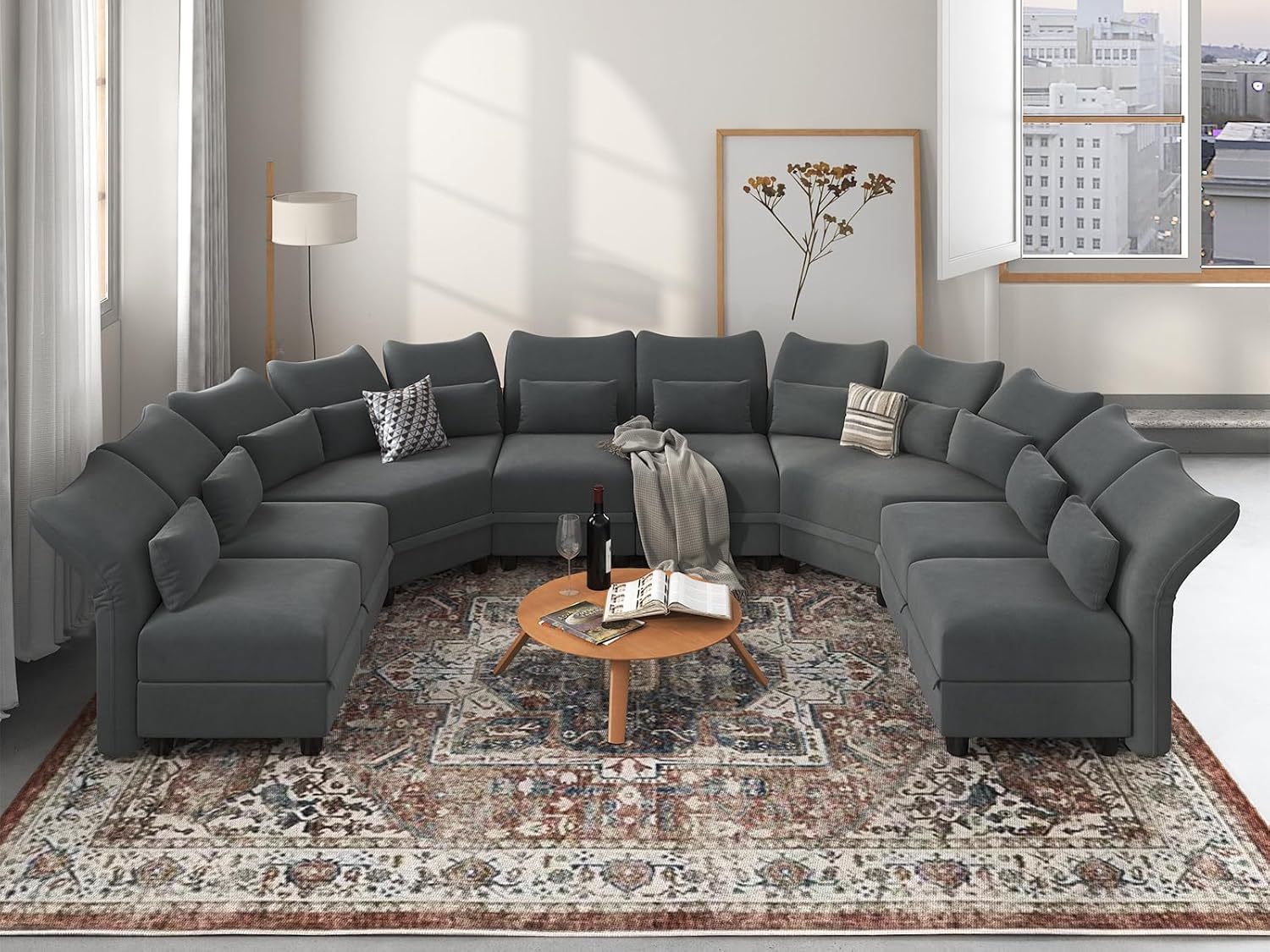 LLappuil Velvet Modular Sectional Sofa, 163.4" Oversized 8-Seater U Shaped Sectional Couch with Big Corner Ottoman, High Back Modular Couches with Storage Chaise for Living Room, Anti-Scratch Grey