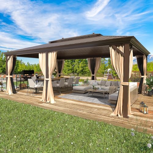 EROMMY 14'x20' Hardtop Gazebo Double Roof Galvanized Steel Canopy Outdoor Aluminum Frame Permanent Metal Pavilion with Netting and Curtains for Patio Backyard Deck and Lawns