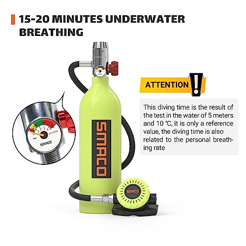 SMACO Mini Scuba Tank S400 Scuba Tank 1.0L Capacity with 15-20 Minutes Underwater Breathing(No More Than 33ft) Portable Diving Gear Emergency Backup Diving Tank Rescue Pony Bottle