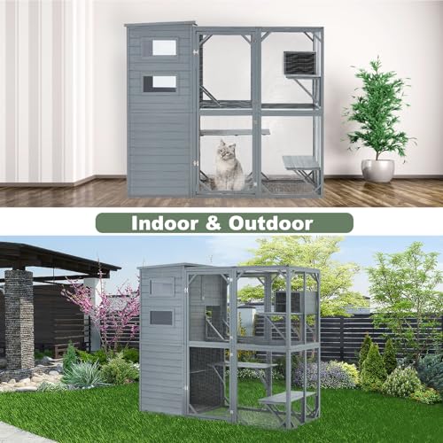 Mdeam Large Catio Outdoor Cat Enclosure, 4 Tiers Indoor Cat House for Multiple Cats with Weatherproof Roof, 4 Resting Rooms, 4 Platforms, 5 Windows, 70" H 32" W 77" L, Grey Green