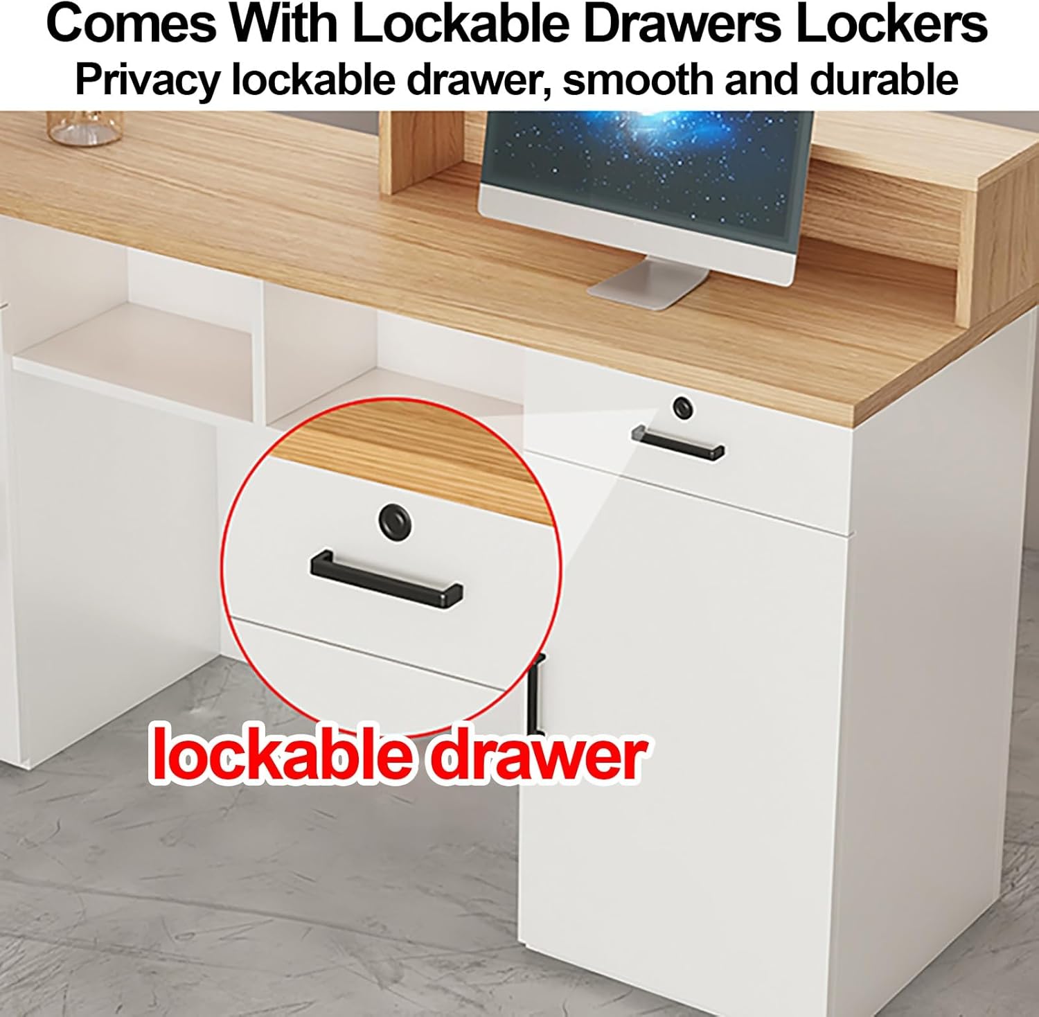 Reception Room Tables with LED Lights, Checkout Counter Desk, Front Counter Desk with Lockable Drawers, Modern Large Counter Table, for Salon Store Shop Clinic Office Retail Lobby Beauty (C 1)
