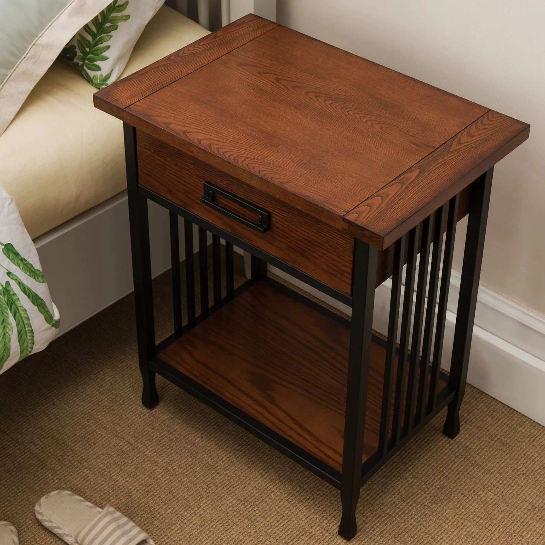 Leick Home 11222 Ironcraft Rustic One Drawer Nightstand, Mission Oak and Black Metal
