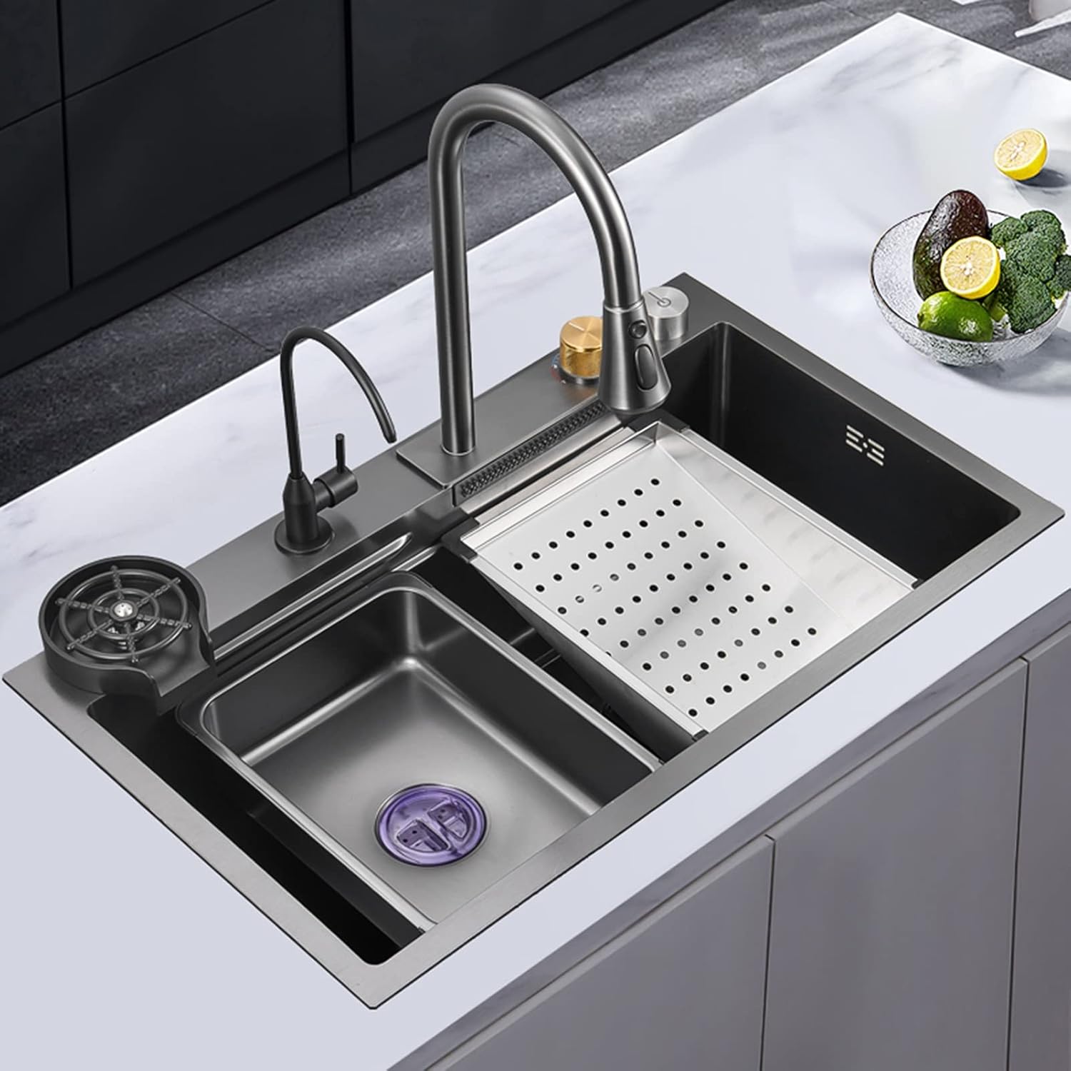 Kitchen Sink,New Stainless Steel Waterfall Sink,Bar Sink, 304 Stainless Steel Sink, with Cup Washer Sinks, Drop-in Or Undermount Installation (Black Grey)