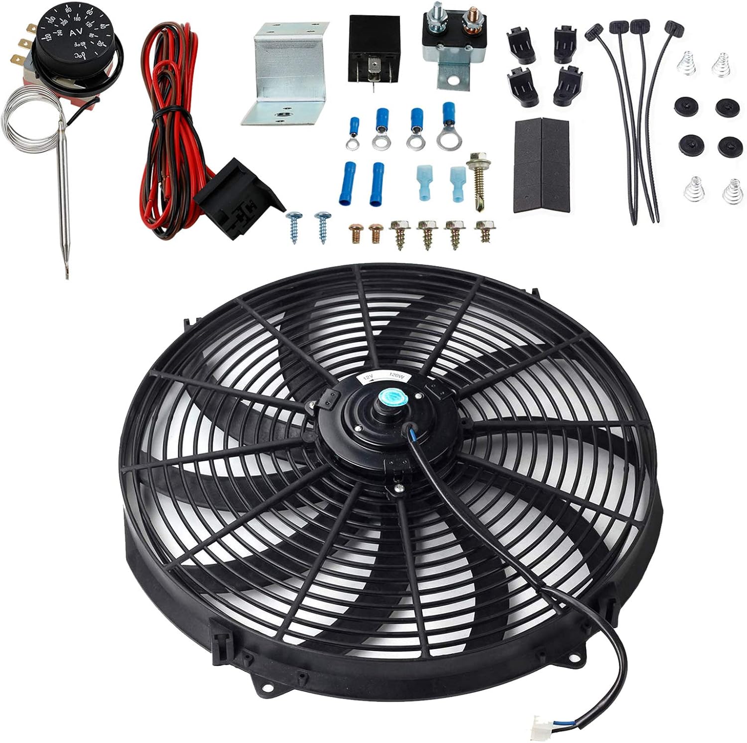 16" Slim Push Pull 12V Electric Radiator Cooling Fan with Adjustable Electric 12V Radiator Fan Thermostat Control Relay Wire Kit For Car Truck Pack of 2