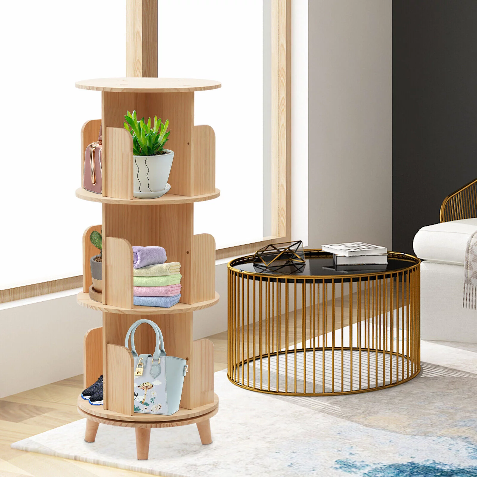 3 Tiers 360° Rotating Bookshelf Wood Bookcase Storage Shelf Freestanding Display Rack - Curated Treasures Market