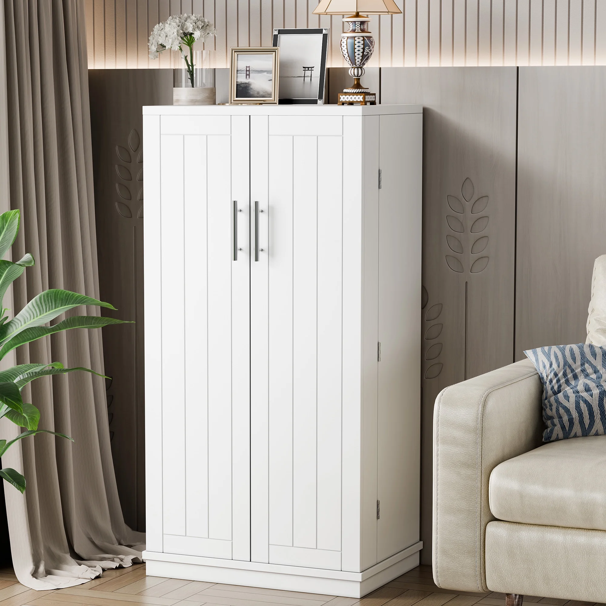 Walsunny 47" Kitchen Pantry Farmhouse Storage Cabinet with Adjustable Shelves, Racks and Doors Freestanding Kitchen Hutch Cupboard White - Curated Treasures Market