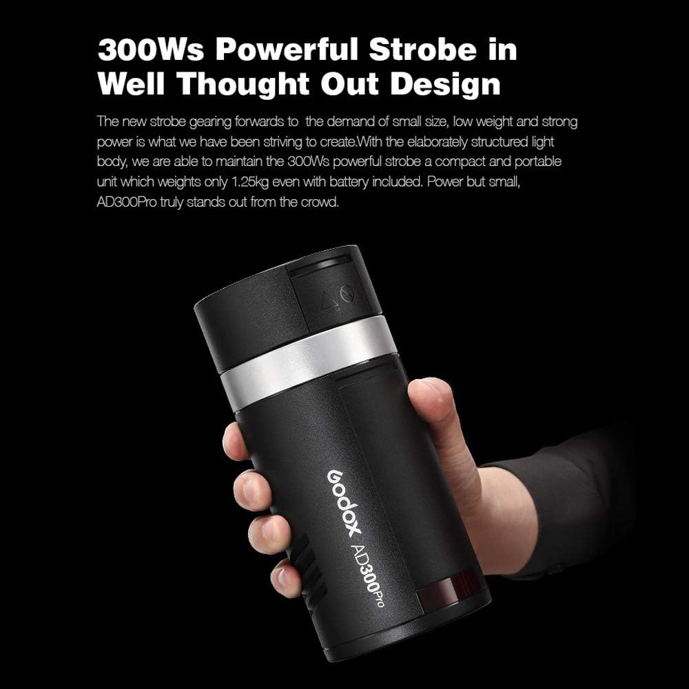 Godox AD300Pro AD300 Pro, 300W 2.4G TTL Flash Strobe Monolight, 1/8000 HSS, 0.01-1.8S Recycle Time, 300 Full Power Pops, 5600±100K, 12W Brightness Adjustable Bi-Color Modeling Led, W/Handheld Grip