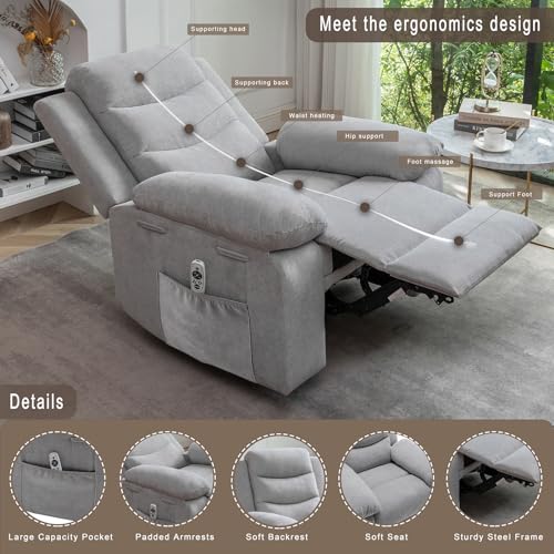 Electric Power Recliner Chair with Lumbar Heating and 8-Point Vibration Massage Function, Remote Control, Fabric Velvet Single Sofa Chiar with Footrest for Adult Living Room (Dark Gray)