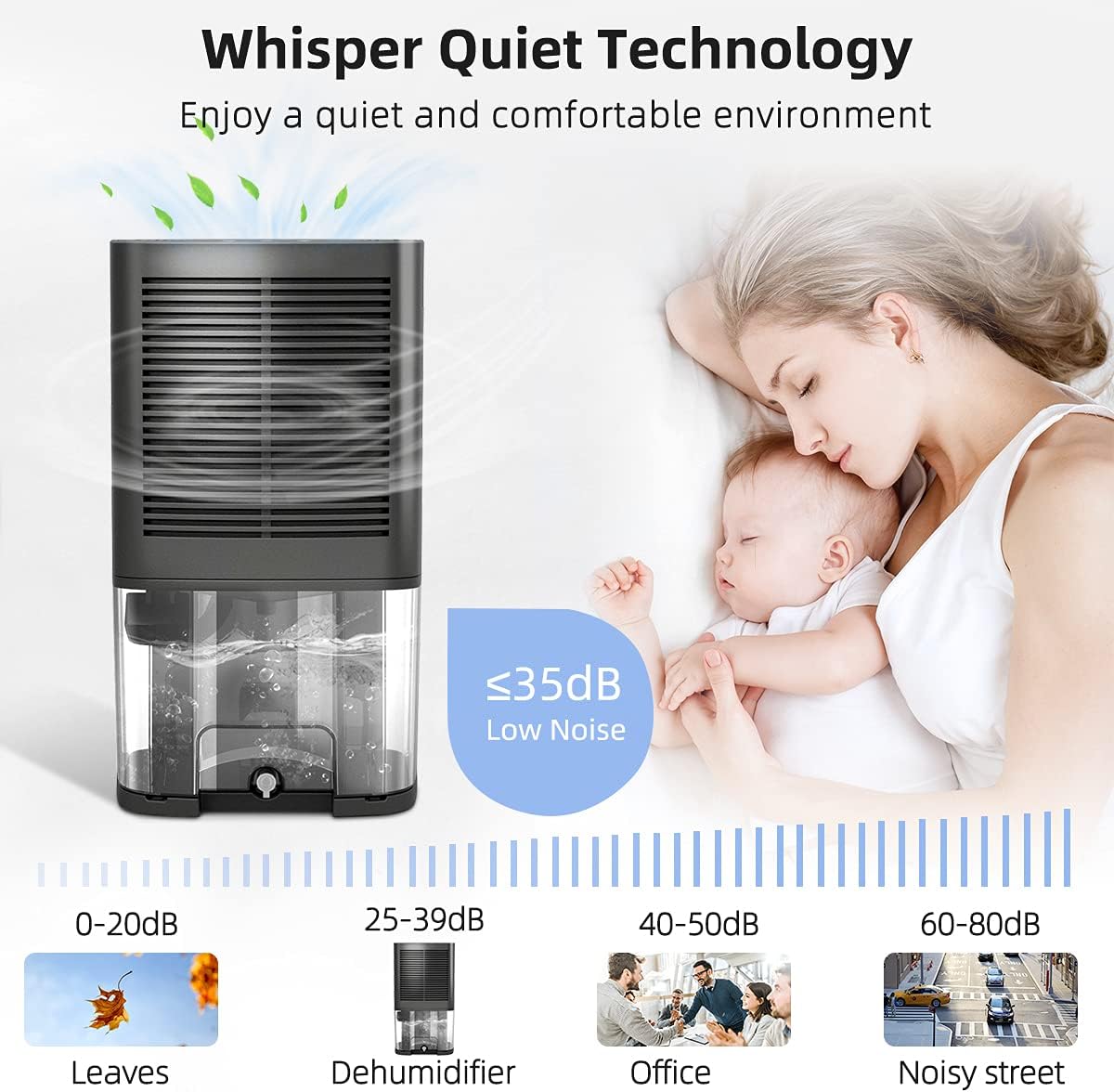 Dehumidifiers for Home with Drain Hose - Donatello Portable Smart Dehumidifiers 350 sq ft, Ultra Quiet Compact Dehumidifier for Bedroom Bathroom RV Garage Closet Basements Small Room Camper (2000ml)