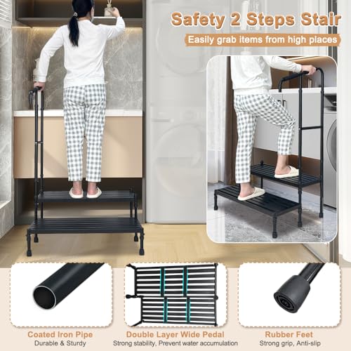 Bed Step Stool with Handle Medical Bedside Stairs for High Beds Adults Stepping Stool Assist Rail Adjustable Wide Platform Step for Elderly Seniors Handicap Mobility Two Step Stool Ramp