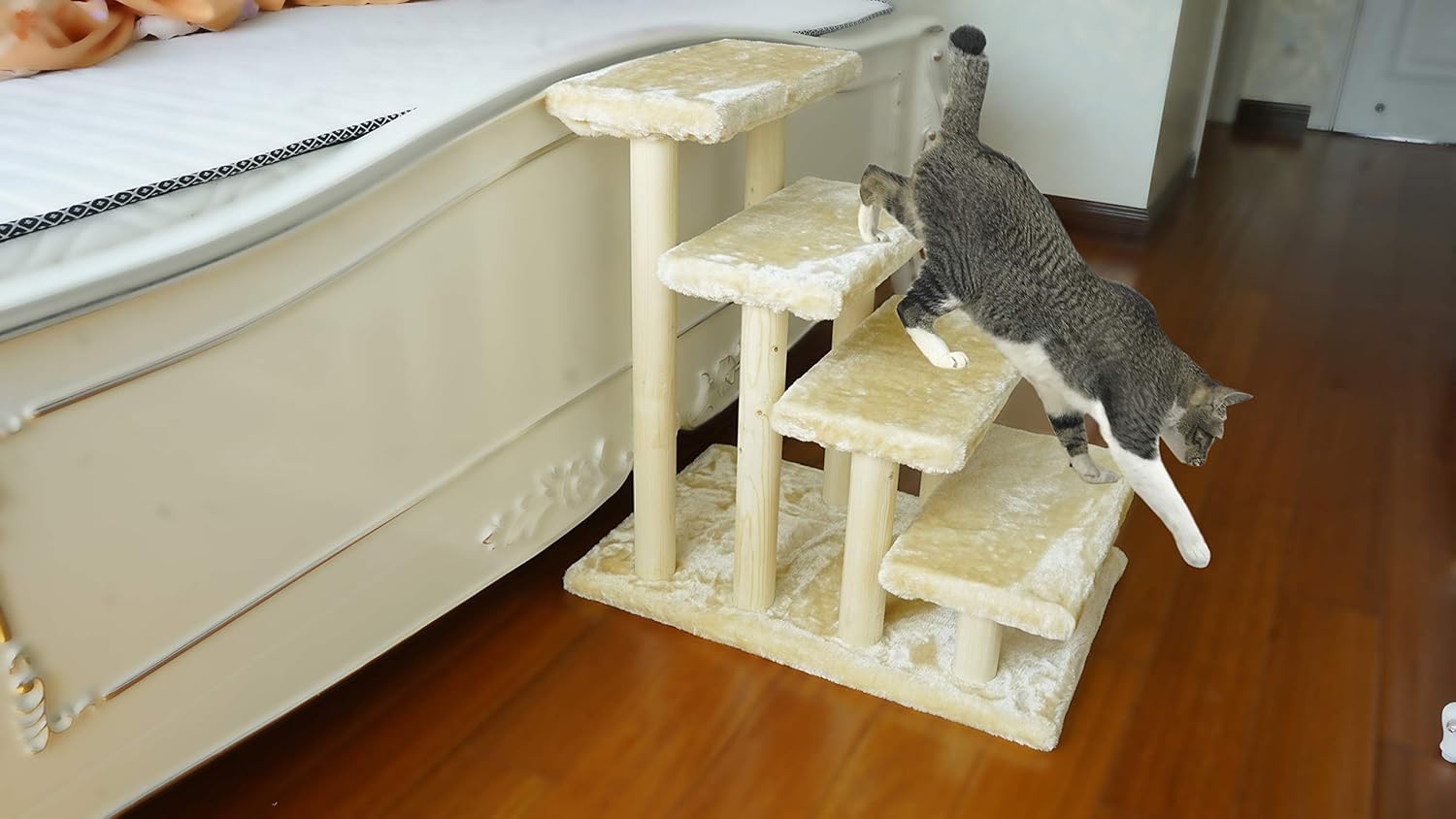 Cowboy Wooden pet Stairs 4-Step pet Ladder cat Dog Easy Stairs with Detachable Carpet for high Bed and Couch (White)