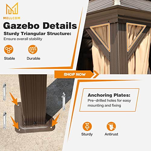 MELLCOM 12'x16' Hardtop Gazebo, Galvanized Steel Metal Double Roof Canopy with Curtains and Netting, Brown Permanent Pavilion Gazebos with Aluminum Frame for Garden, Patio, Lawns, Deck