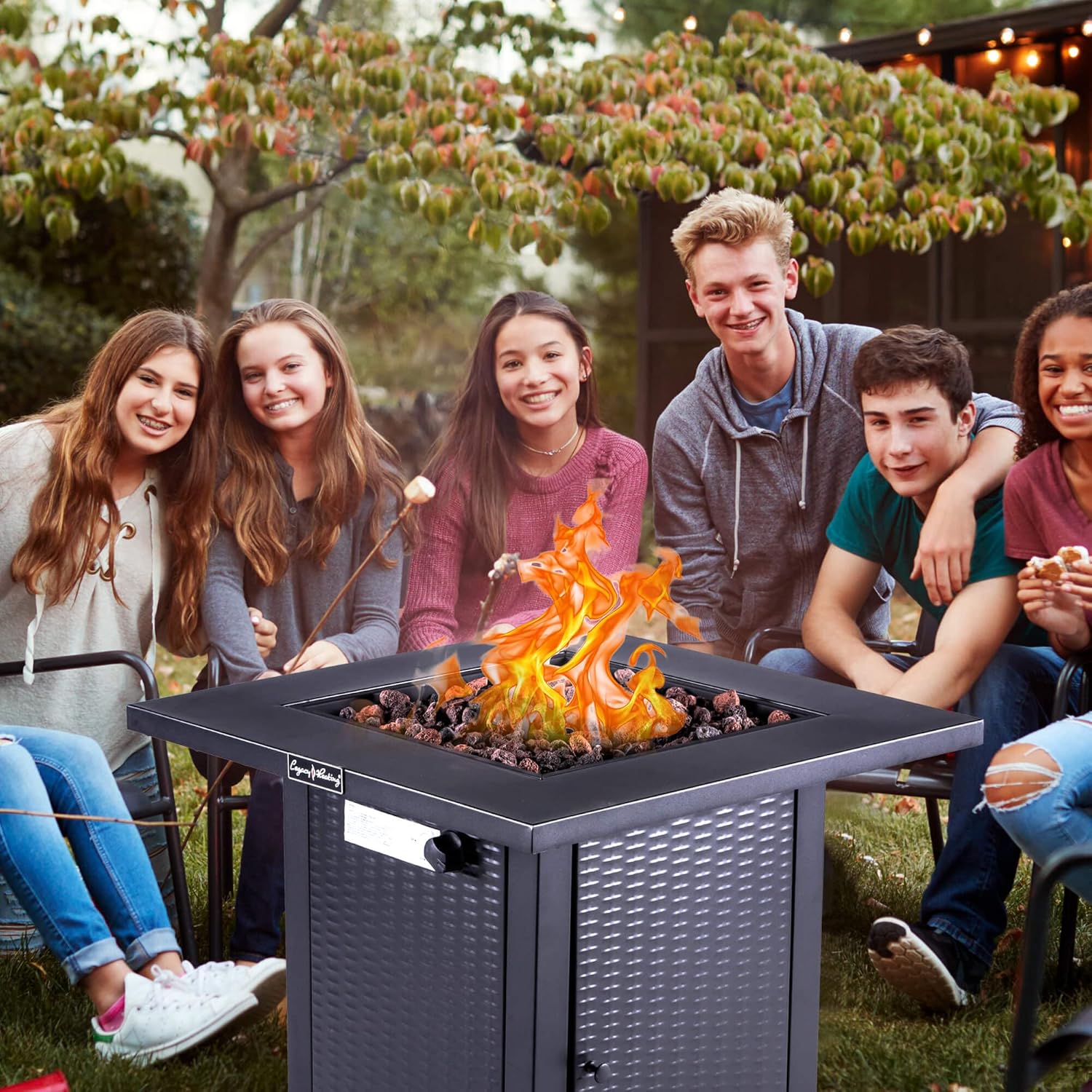 28&ldquo; Outdoor Gas Fire Pit Table Propane Fire Pits, 50000 BTU, with Lid, Rattan & Wicker-Look, Lava Stone, ETL Certification, Add Ambience to Gatherings and Party On Patio Deck Garden Backyard