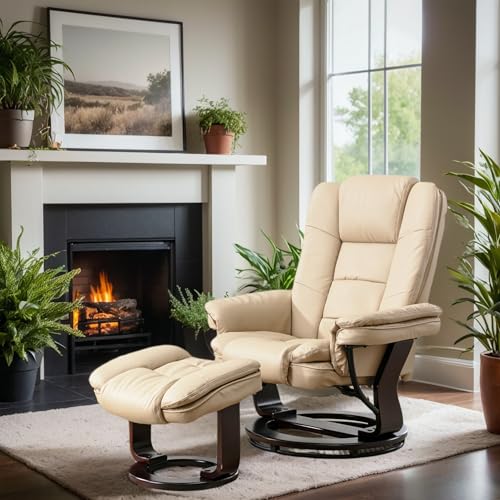 Swivel Recliner Chair with Ottoman Footrest Leather Adjustable Stressless Armchair, Beige