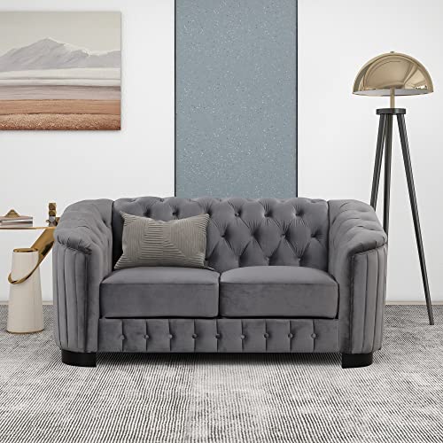 3 Piece Living Room Set, Velvet Chesterfield Sofa Loveseat Couch Chair Set 3-Seat Sofa Couches Set of 3 with Button and Nailhead Grey