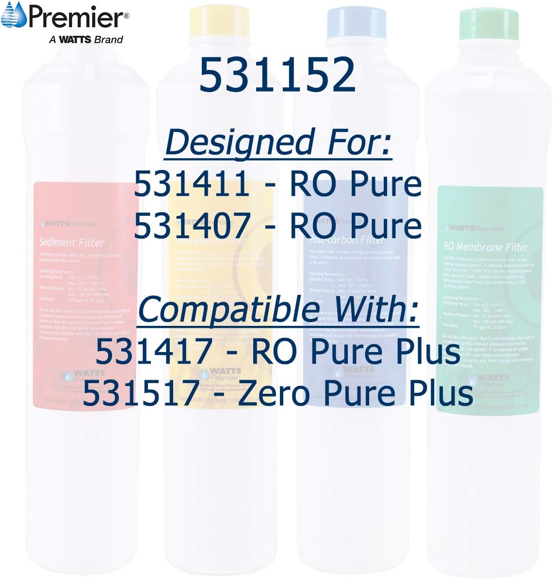 Watts Premier RO Pure Reverse Osmosis Water Filtration System Replacement Filter Kit (4 Pack) | Watts Premier RO Pure Plus Reverse Osmosis Water Filter Replacement Kit (2 Count)