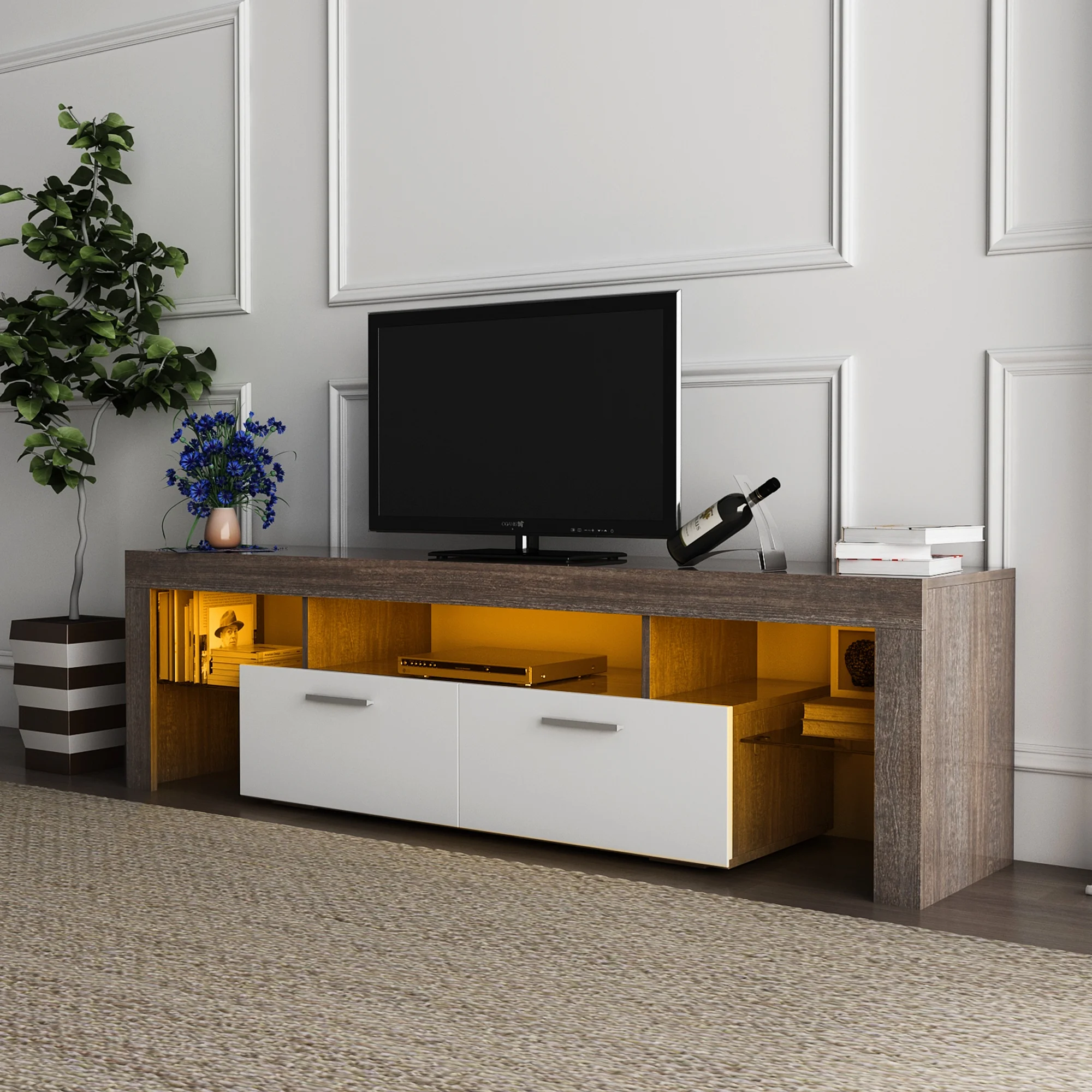 paproos TV Stand for 70 Inch TV, Farmhouse TV Console Table with Storage Drawers and Media Shelves, 16 Colors LED Light&Remote Control, Entertainment Center Television Cabinet for Living Room, Brown