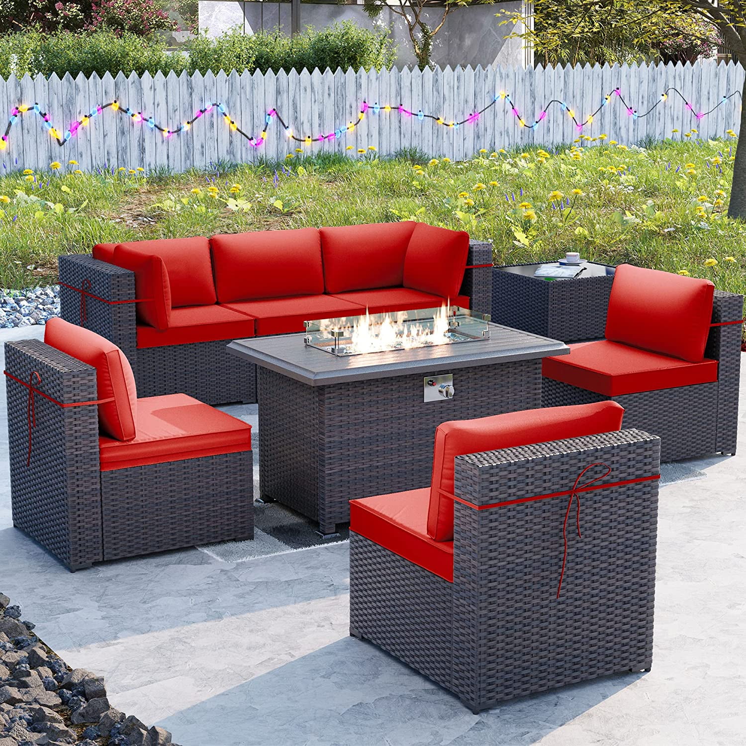 ALAULM 8 Pieces Outdoor Furniture Set with 43" Gas Propane Fire Pit Table PE Wicker Rattan Sectional Sofa Patio Conversation Sets,Red