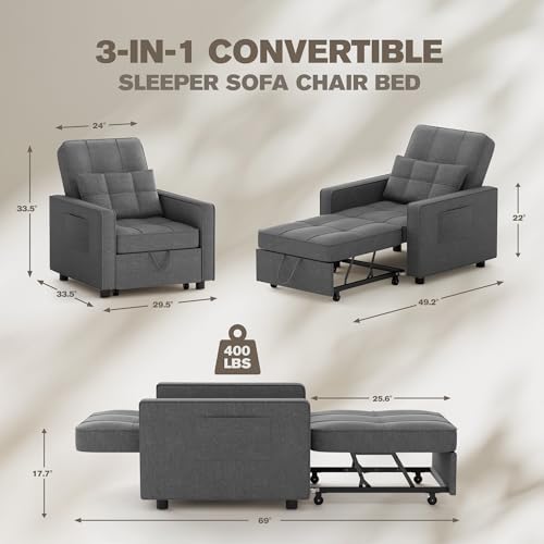 JUMMICO Sleeper Chair, 3-in-1 Convertible Sleeper Sofa Bed for Adults, Linen Fabric Pull Out Chair Bed with Adjustable Backrest, for Living Room, Apartment, Office, Small Space (Beige)