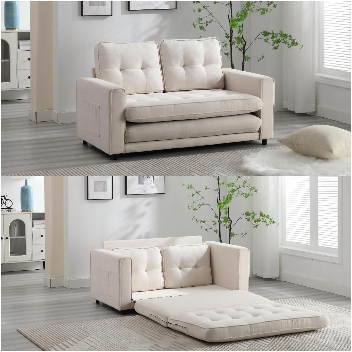 3 Fold Sofa,Convertible Futon Couch sleeper sofabed,Space saving loveseat,Pull Out Couch Bed for Living Room,Dark Gray & Light Gray & Beige,Velvet linen fabric
