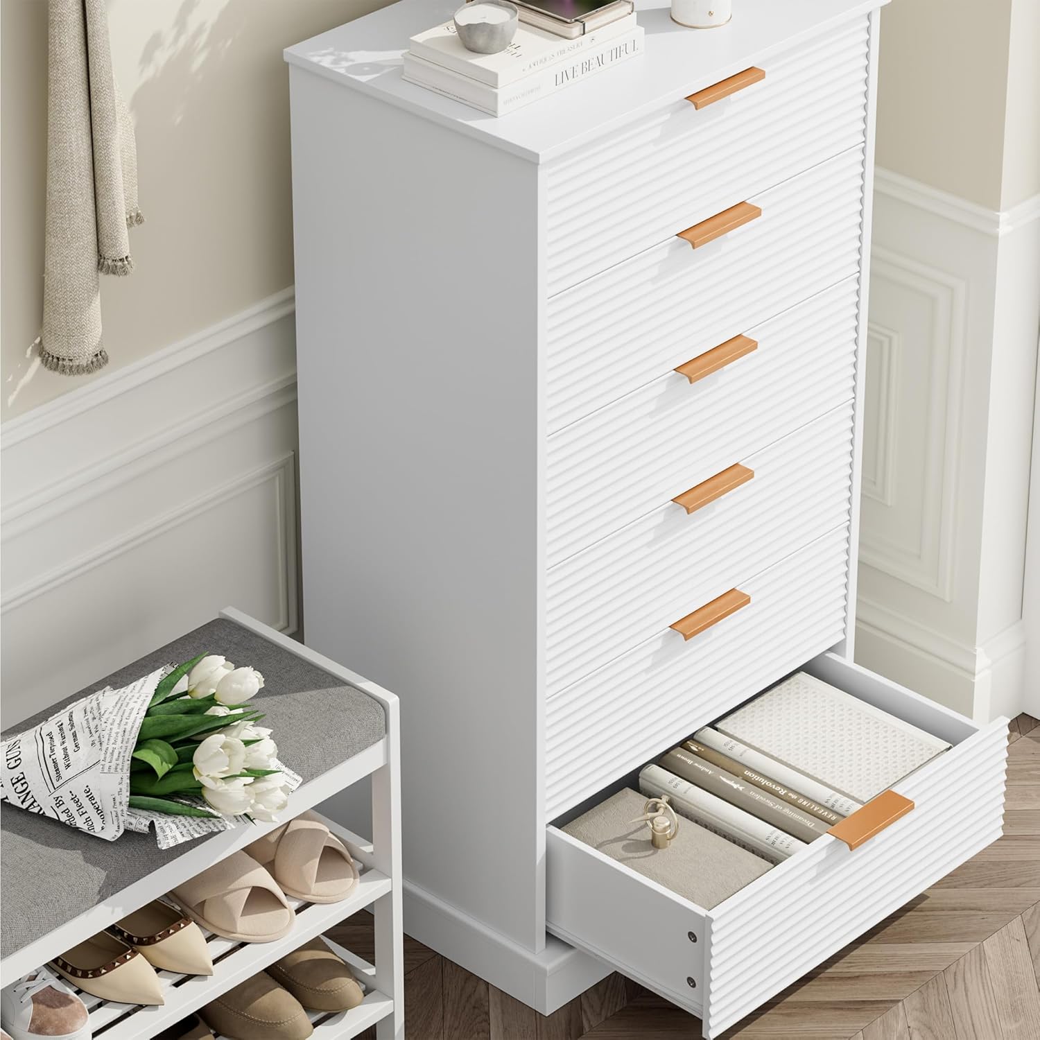 6 Drawer Dresser, Tall White Dresser with Large Storage Space, Modern Chest of Drawers with Handles, 6 Large Capacity Vertical Dressers for Home & Office