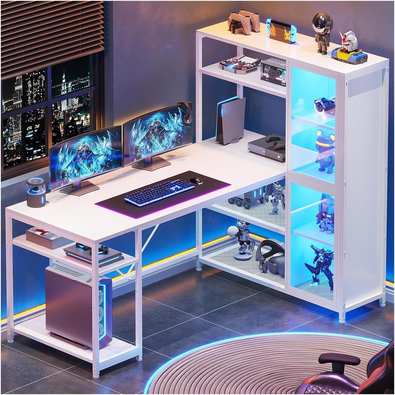 New White 59 Inches L Shape Computer Desk Shelves Storage Display LED Light Bookshelf Door Gamer Table Corner Gaming Cabinet File Shelf Outlets Power Home Office Modern 59”L x 31.5”W x 50.7”H of Set