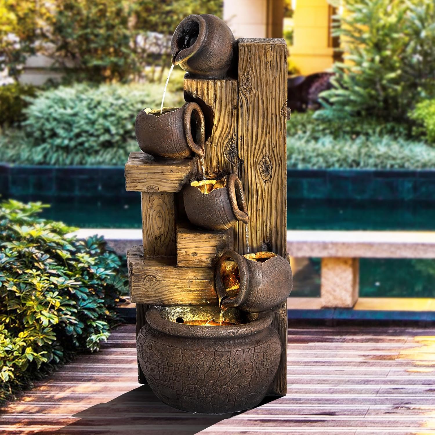 39.3" H Garden Water Fountain 5 Tier Outdoor Waterfalls Fountain with LED Lights and Pump Indoor/Outdoor Modern Floor Standing Water Fountain for Garden, Patio, House Decor (Brown)