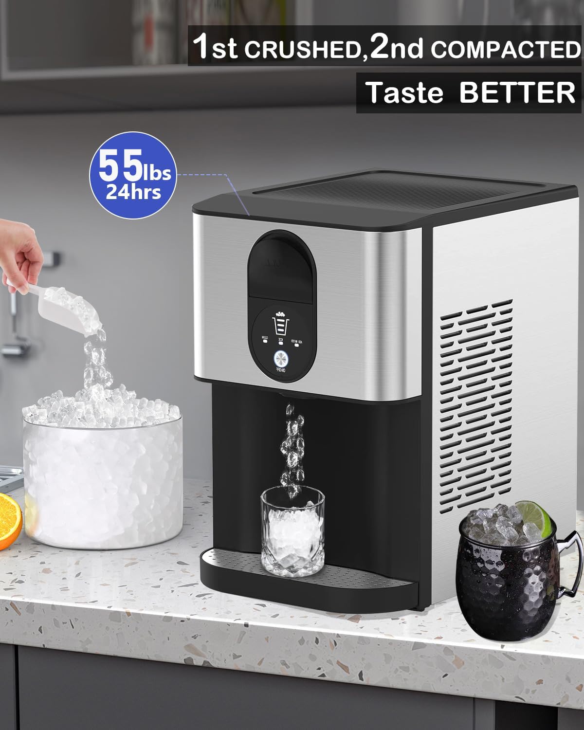 Kndko Self Dispensing Countertop Nugget Ice Maker, Nugget Ice Maker Countertop, 55lbs/24H,Pebble Ice Maker with Self-Cleaning,Crushed Ice Makers for Home Kitchen Bar Party Silver