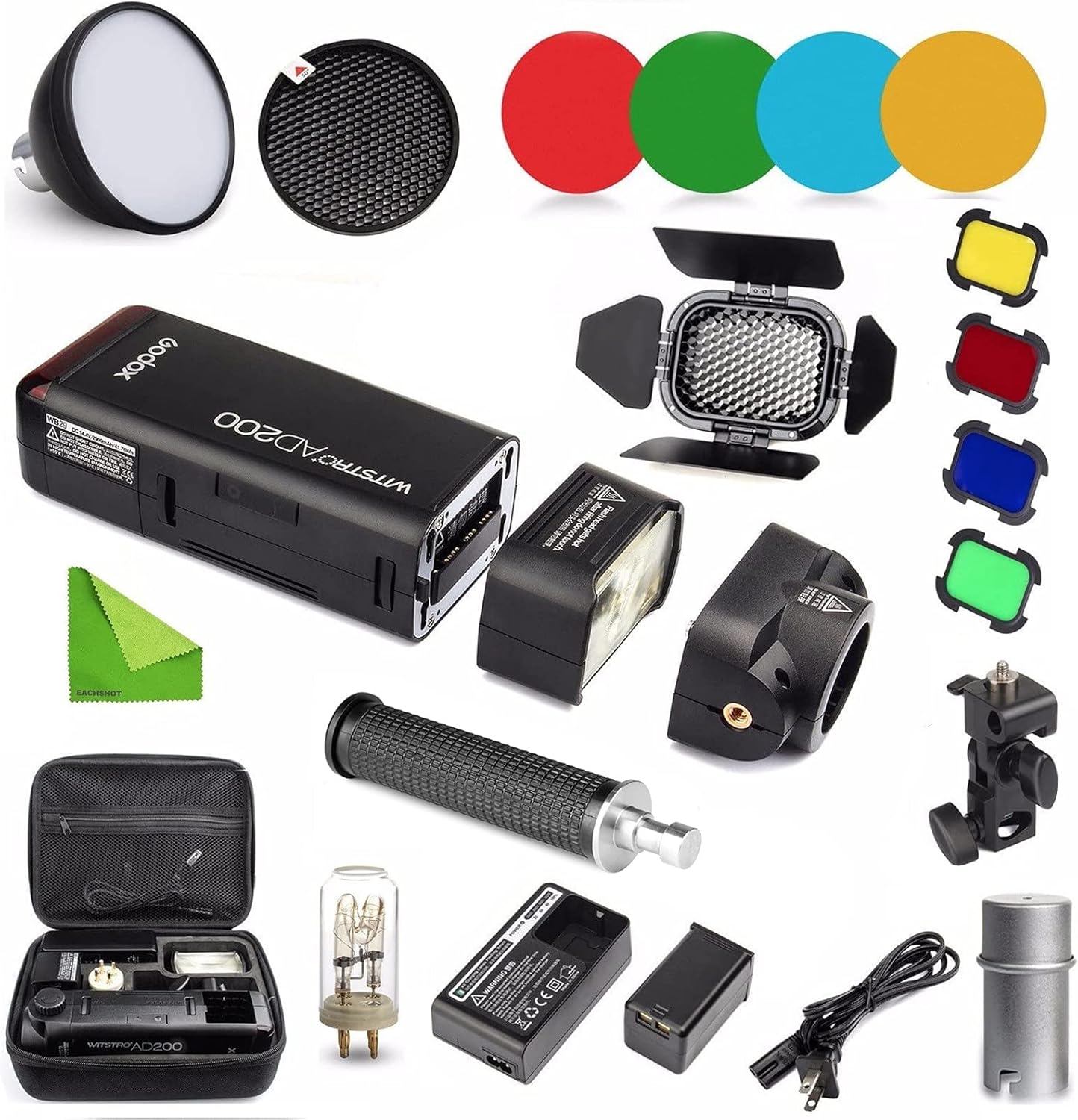 Godox AD200 Kit 200Ws 2.4G TTL Flash Strobe 1/8000 HSS Cordless Monolight w/ 2900mAh Lithimu Battery and Bare Bulb/Speedlite Fresnel Flash Head to Cover 500 Full Power Shots w/EACHSHOT Cleaning Cloth