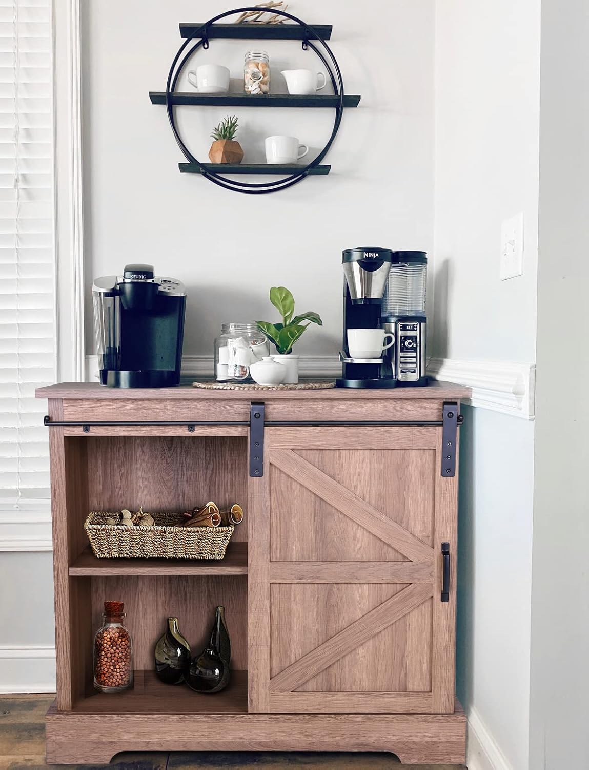 MAISON ARTS Farmhouse Coffee Bar Cabinet Buffet & Sideboard Kitchen Storage Cabinet Cupboard with Sliding Door for Kitchen Dining Living Room, Oak + Ivory