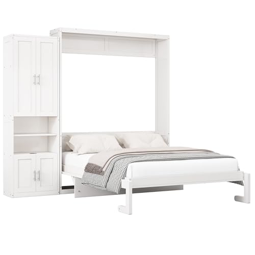 MERITLINE Queen Murphy Bed with Storage Cabinet，Bookcase，Shelves and Charging Station,Wood Folding White Murphy Wall Bed Cabinet for Adults