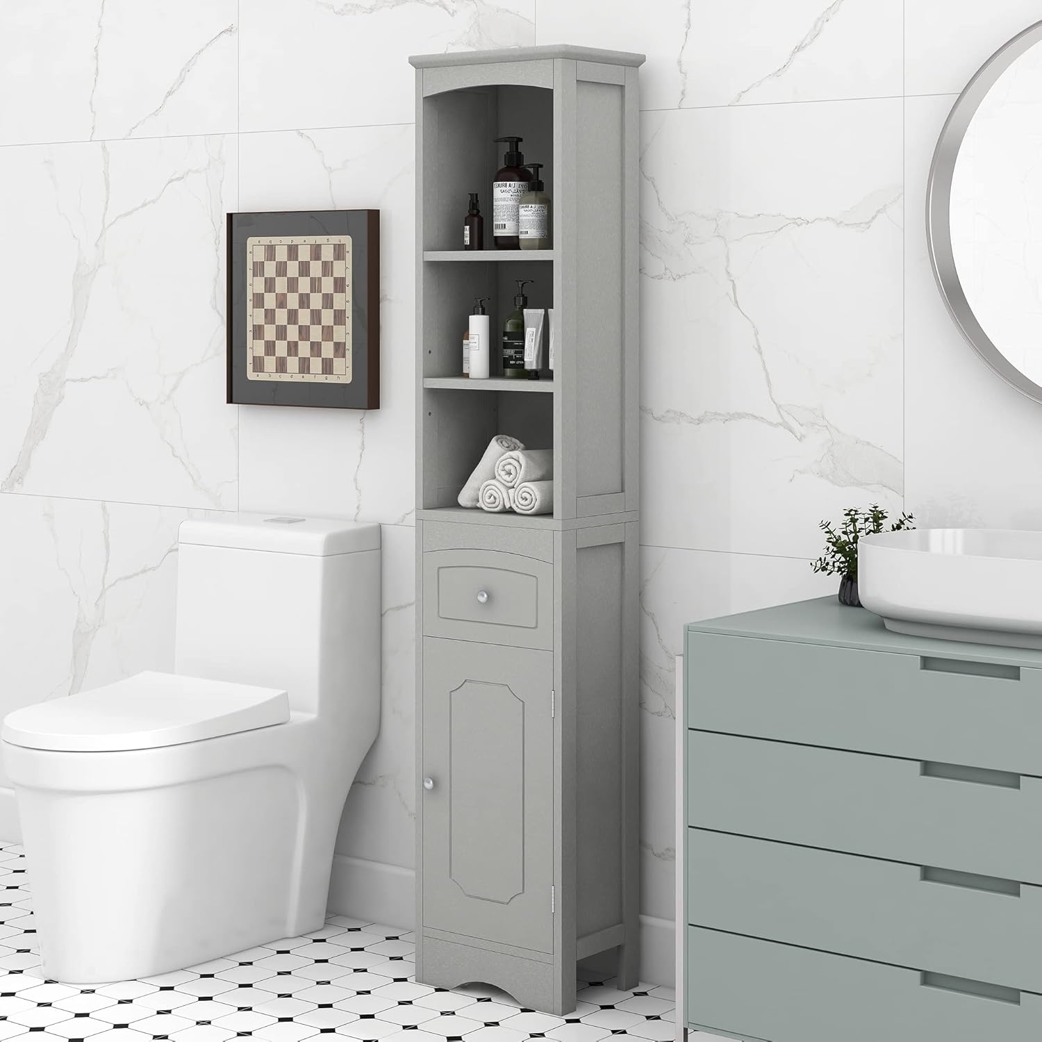 Tall Slim Bathroom Storage, Narrow Freestanding Floor Cabinets Tower w/ 3-Tier Adjustable Shelf and 1 Drawer for Home, Kitchen, Living Room, Anti-Tipping, 13.4" L x 9.1''W x 66.9''H, Grey