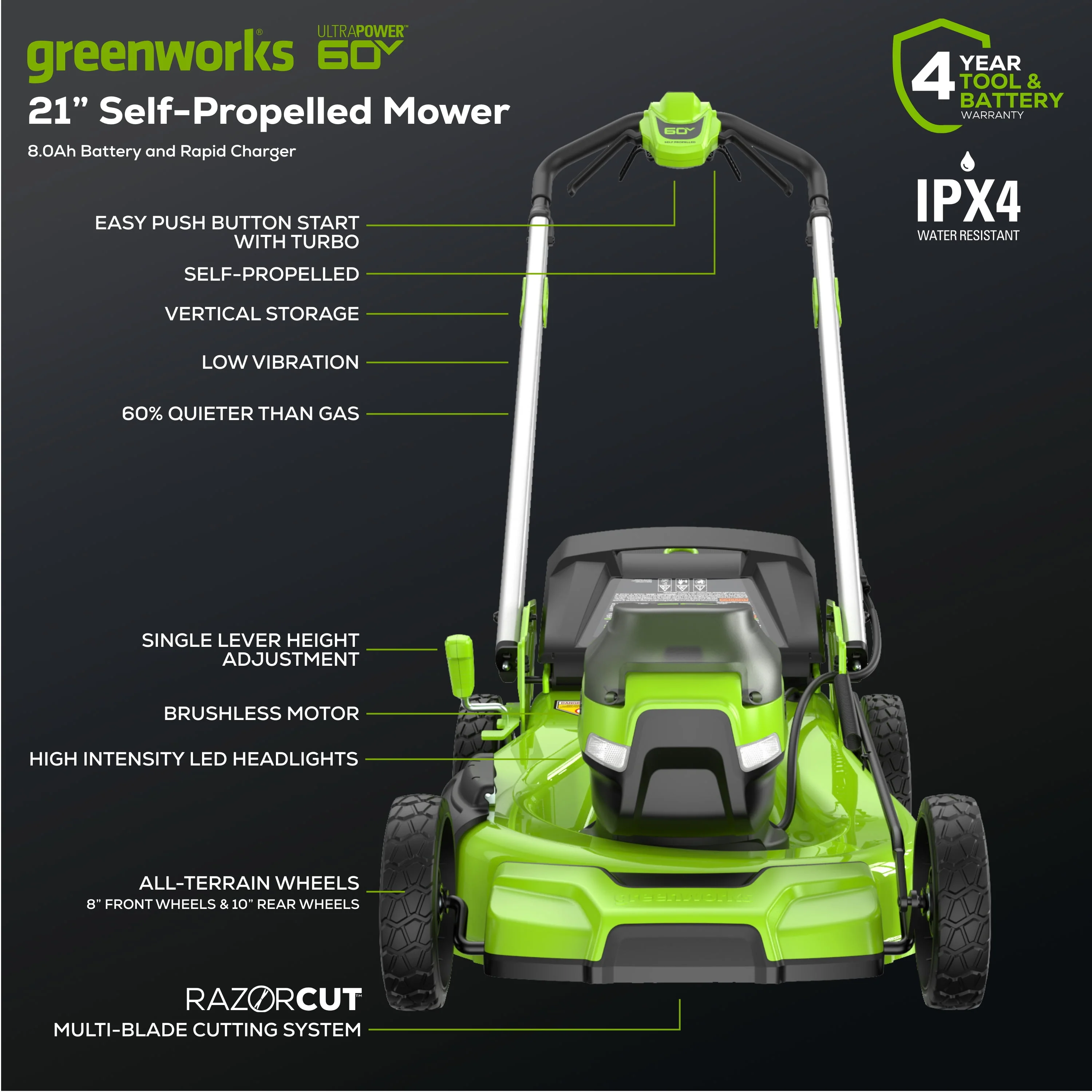 Greenworks 60V 21 Self Propelled Lawn Mower with 8.0 Ah Battery & Rapid Charger 2546402