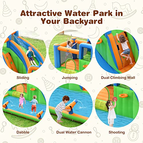 HONEY JOY Inflatable Water Slide, 7 in 1 Giant Water Park Bounce House for Outdoor Backyard, Splash Pool, Water Cannons & Climbing Walls, Blow up Water Slides Inflatables for Kids and Adults