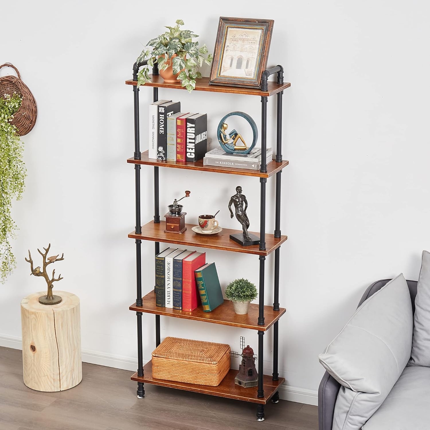 Industrial Bookshelf,Rustic Bookcase with Solid Wood, 3 Tier Iron Pipe Storage Standing Shelf Vintage Farmhouse Bookshelf for Living Room, Kitchen, Office (Weathered Brown, 29.5 L x 11.8 W x 39 H)
