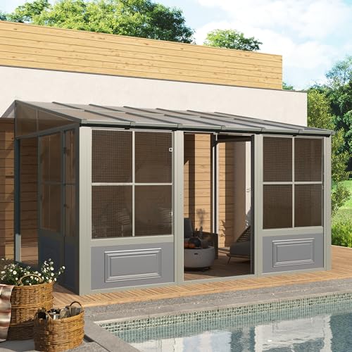 EROMMY 10' x 16' Sunroom, Wall Mounted Gazebo Solarium with Aluminum Frame, Polycarbonate Roof, Permanent Sun Room with Sliding Doors, Lockable PC Screen Walls, Lean to Gazebo for Garden, Patio, Deck
