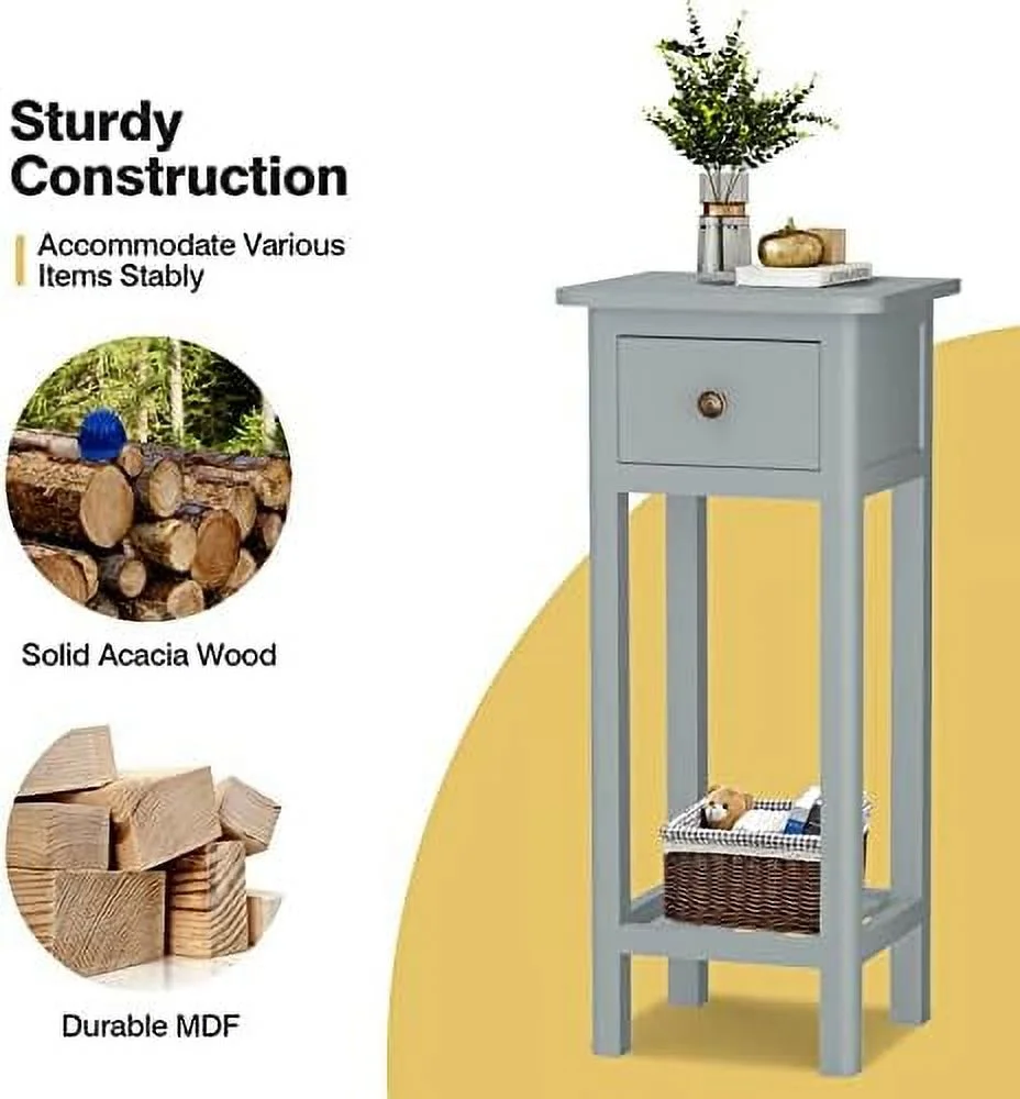 HJZBNONE Narrow Side Table  Small End Table for Small Spaces  Farmhouse Acacia Wood Slim Side Table  Small Bedside Tables Thin Nightstand w/Drawer &amp; Open   No Assembly Required  14 x