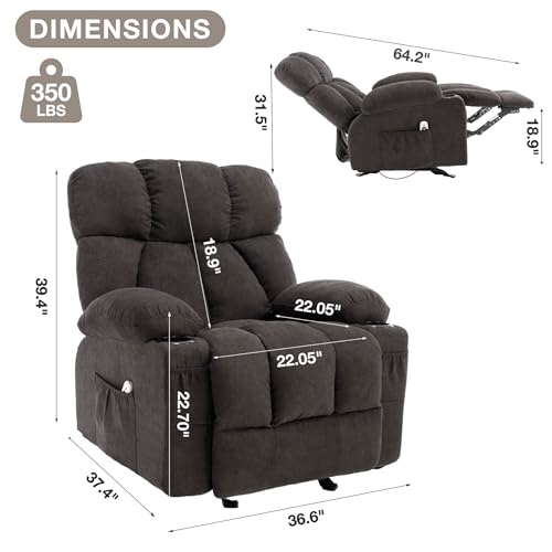 Massage Rocker Recliner Chair with Heat and Vibration Ergonomic Rocking Lounge Chair for Living Room Comfy Overstuffed Recliner with 4 Side Pockets,2 Cup Holders, USB Charge Port, Grey
