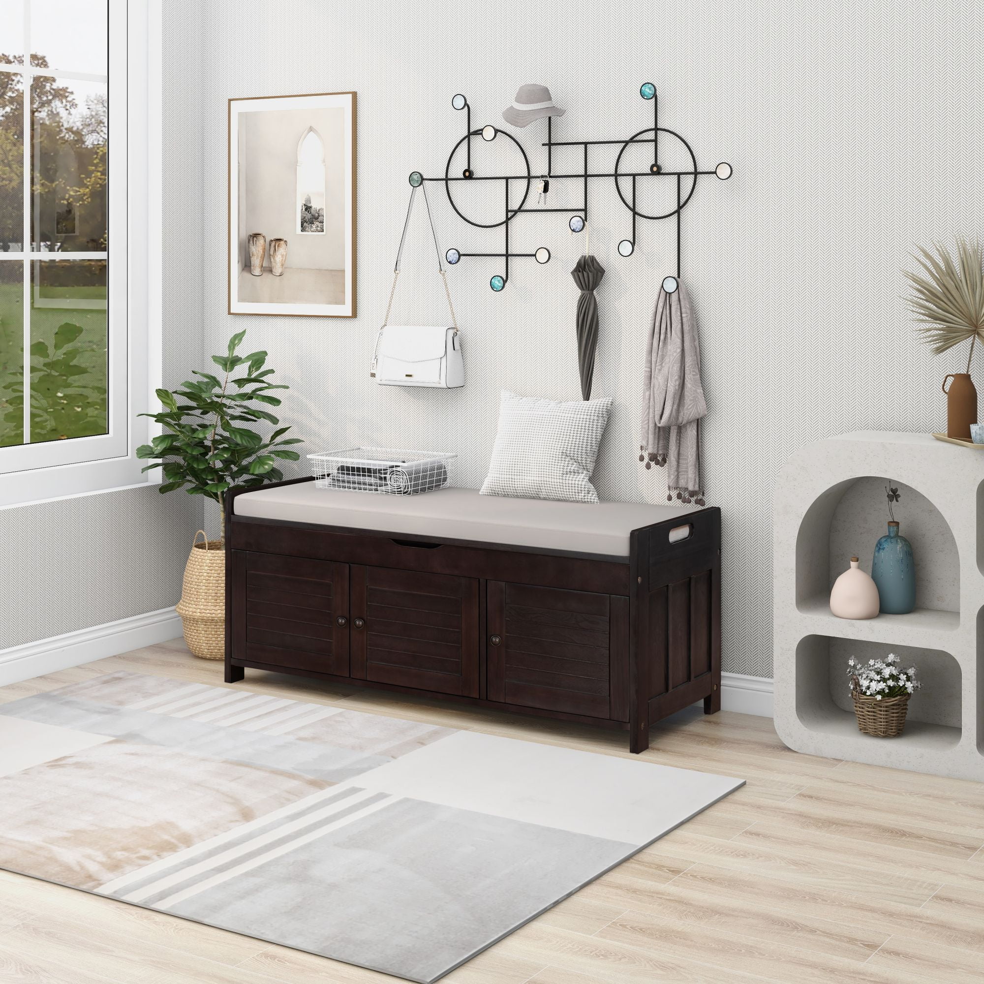 Home Entryway Storage Bench with Removable Cushion, 43.5” Wooden Shoe Storage Bench with 3 Doors, Bench Seat with Hidden Storage and Cushion, Espresso