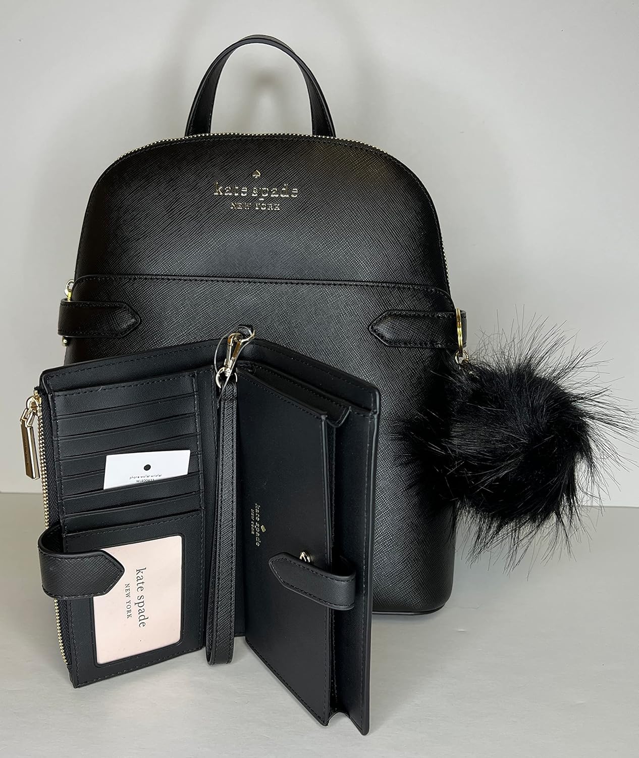 Kate Spade New York Staci Dome Backpack bundled with matching Staci Phone Wristlet and Fur Pom (Black)
